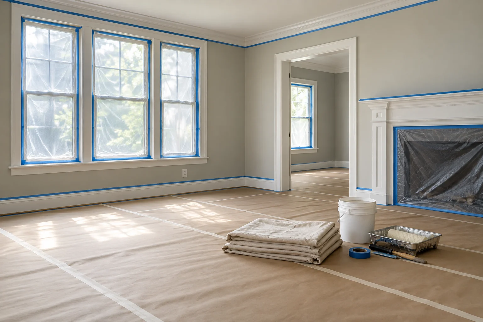 Representative painting preparation with protected flooring and masked windows